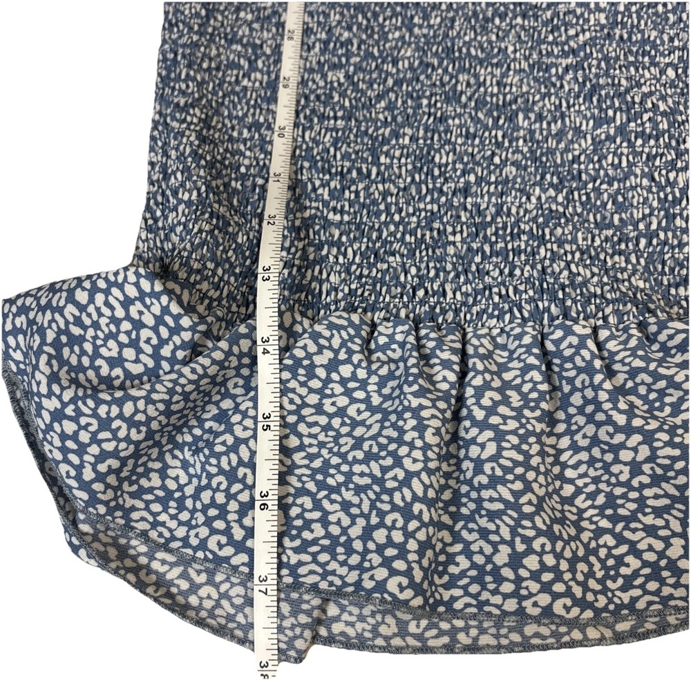 PrettyGarden Blue White Leopard Smocked Midi Dress Puff Sleeve Ruffle Hem Medium - Picture 7 of 7